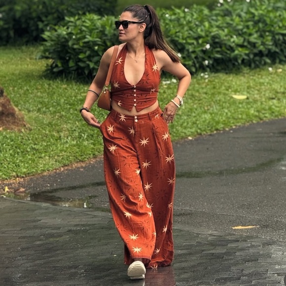 ZARA SUN PRINT BOHO LINEN BROWN WIDE LEG PANTS XS NWT - Picture 8 of 16